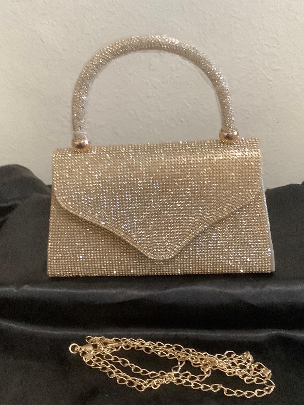 Gold Crystal-Embellished Top Handle Evening Bag